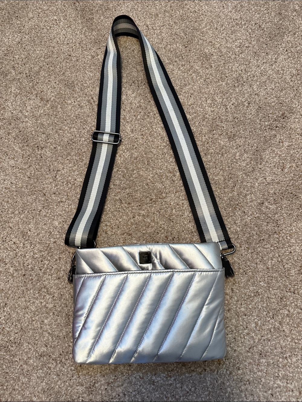 THINK ROYLN Silver Quilted Crossbody with Black-White Striped Strap